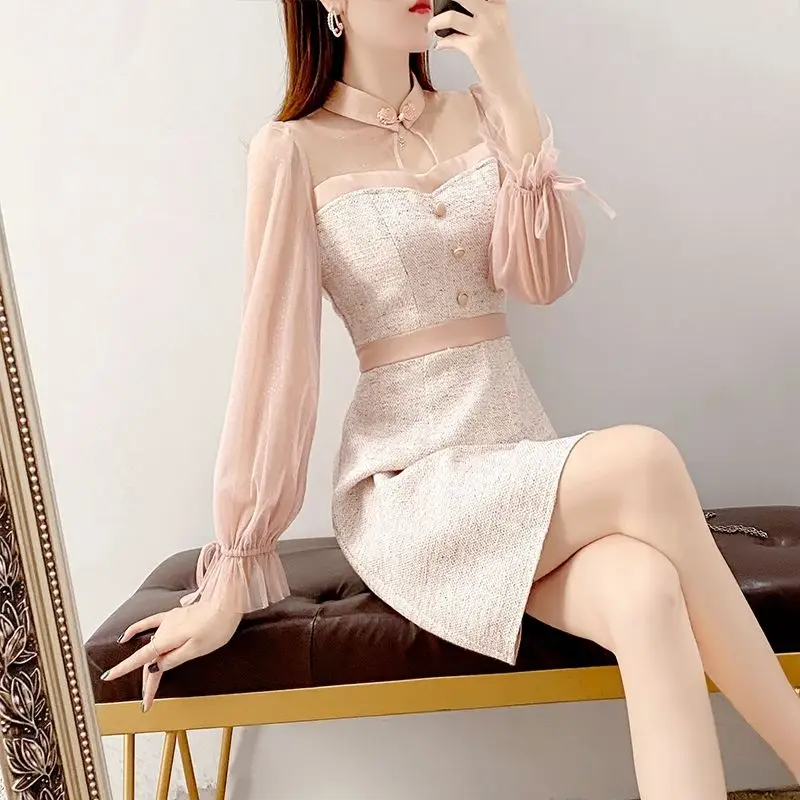 Sweet Elegant Spring Autumn Dresses New Women's Bow Button Patchwork Korean Fashion Chic Long Sleeve Slim Mid-lengt A-line Dress