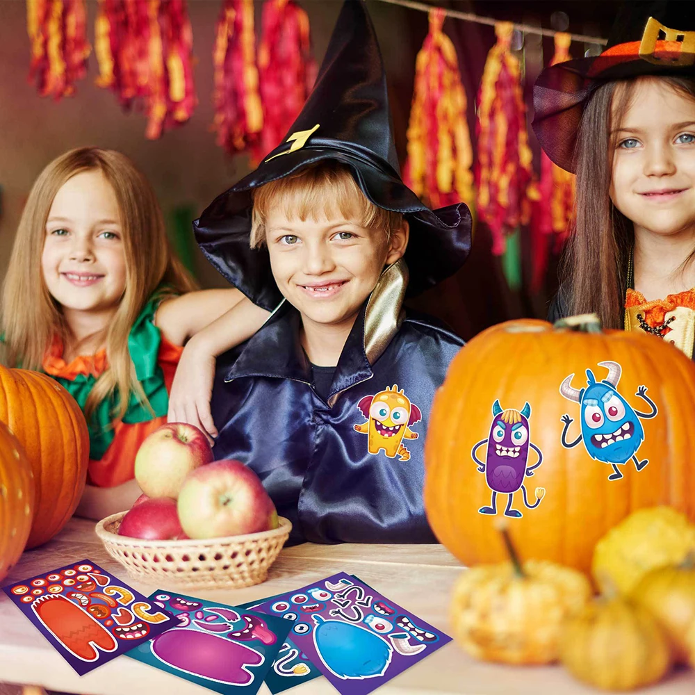 Puzzle d'autocollants de monstre mignon pour enfants, faire un visage, décoration de dessin animé d'Halloween, assemblage de puzzle bricolage, jouet amusant, 8 feuilles, 16 feuilles