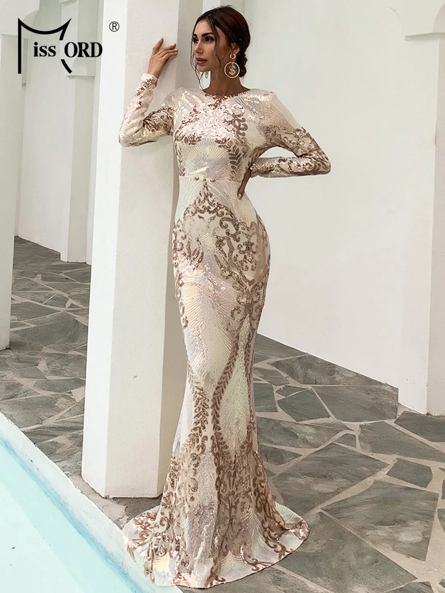 Missord Women Sexy O Neck Backless Sequin Long Wedding Dresses Female Bodycon Mermaid Dress Evening Party Fashion Dress Gold