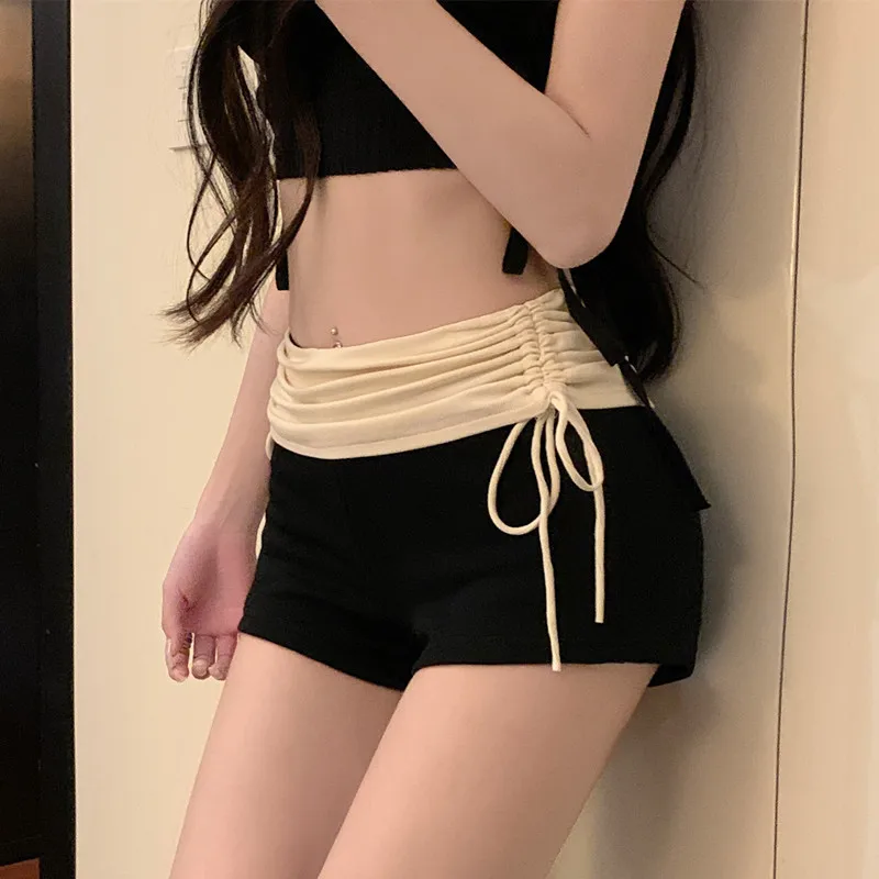 Color Blo Straight Leg ort Pants Summer 2024 Ele Versatile High Waist Dstring Design Korean Sle Commute Wind