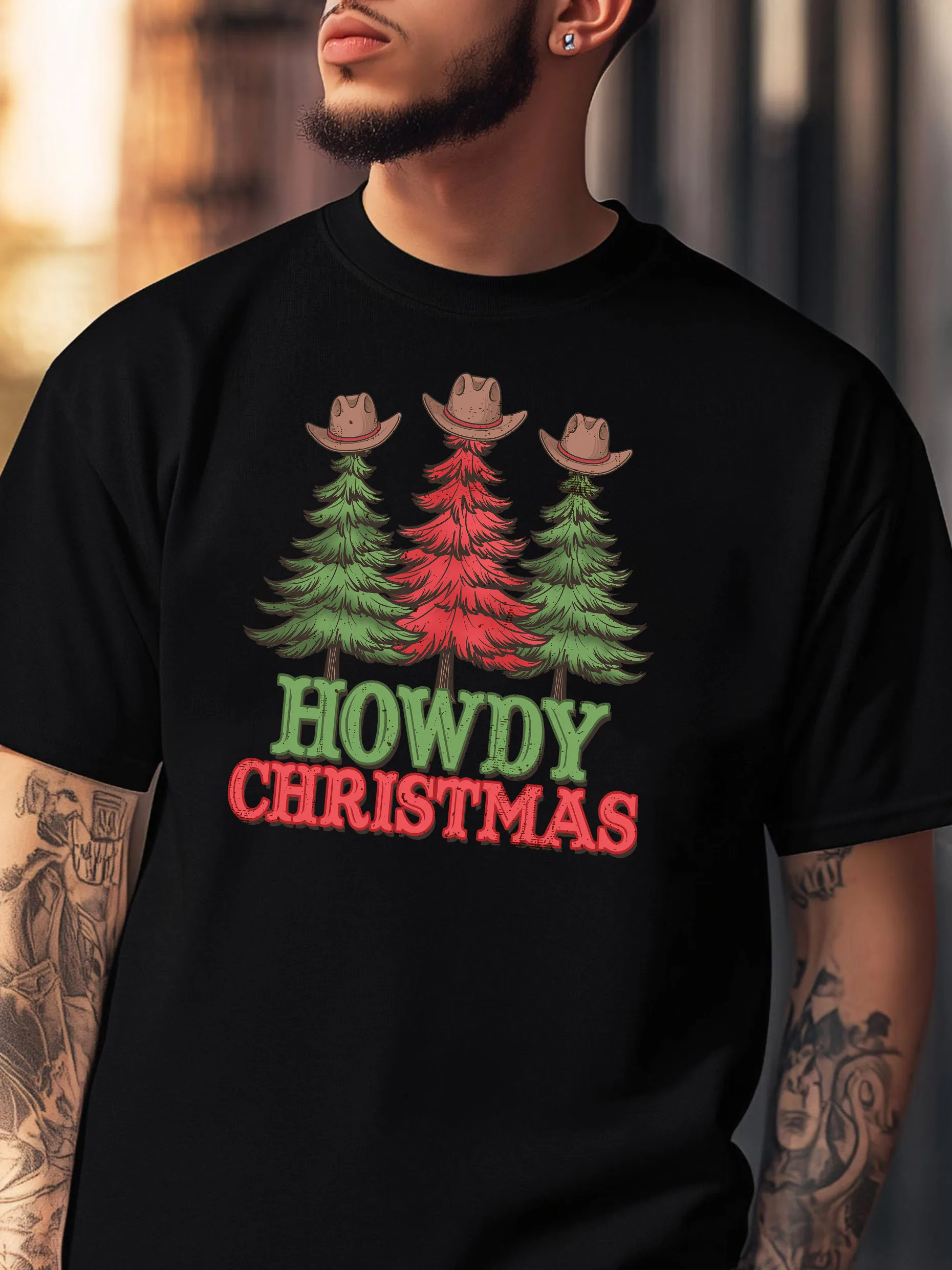 تي شيرت رجالي بتصميم مطبوع عليه رجل الثلج، أسود بأكمام قصيرة ورقبة دائرية، 100% قطن