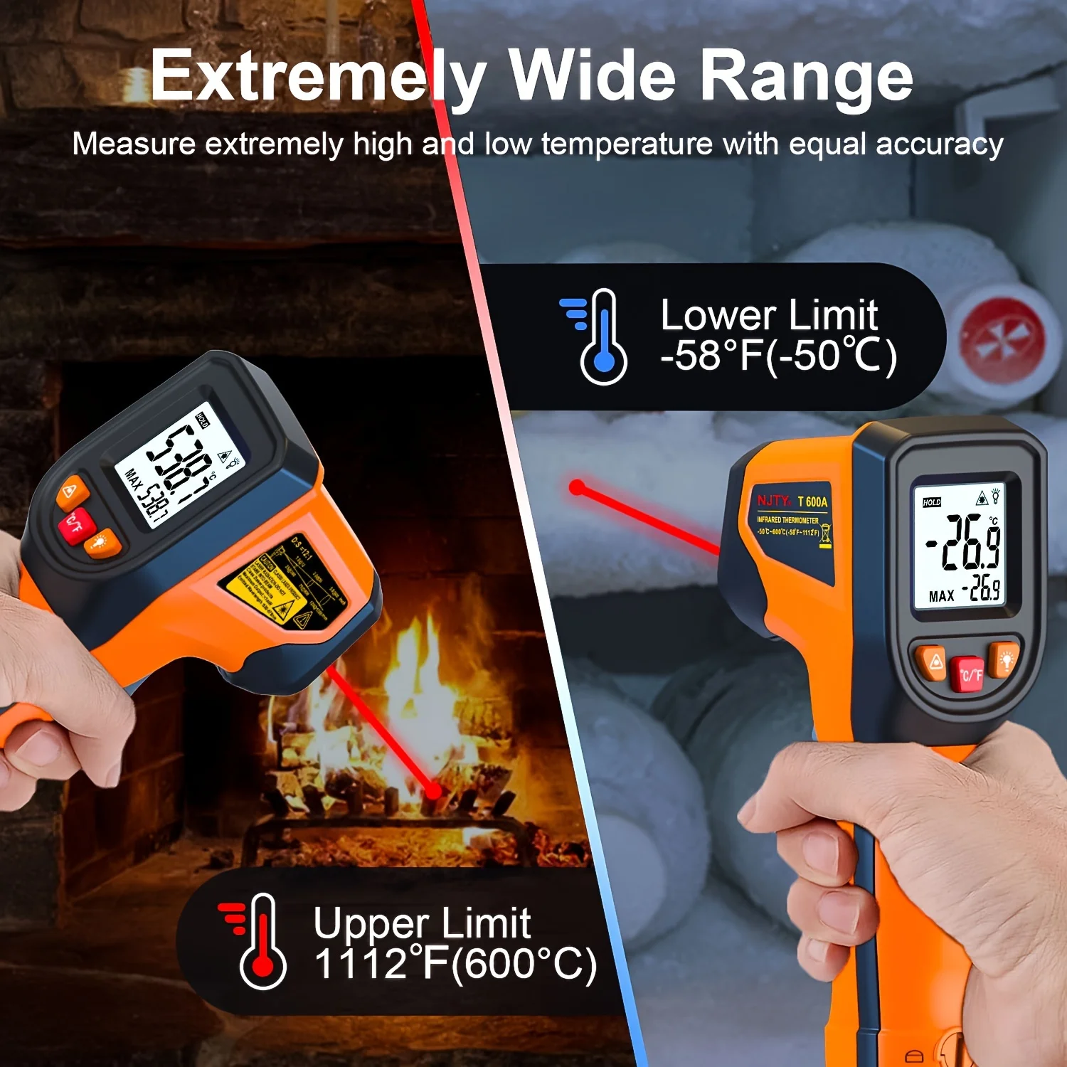 NJTY T600 T600A Infrared Thermometer Laser Temperature Gun Sensor Handheld Non-contact IR-LCD Heat Industrial Pyrometer 600 °C