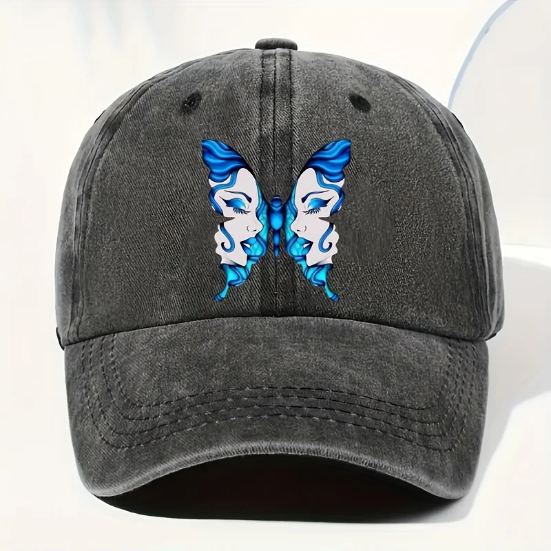 

1pc Gothic Blue Butterfly & Face Print Snapback Cap -Lightweight All-Season Casual Streetwear,with Blue Butterfly Design