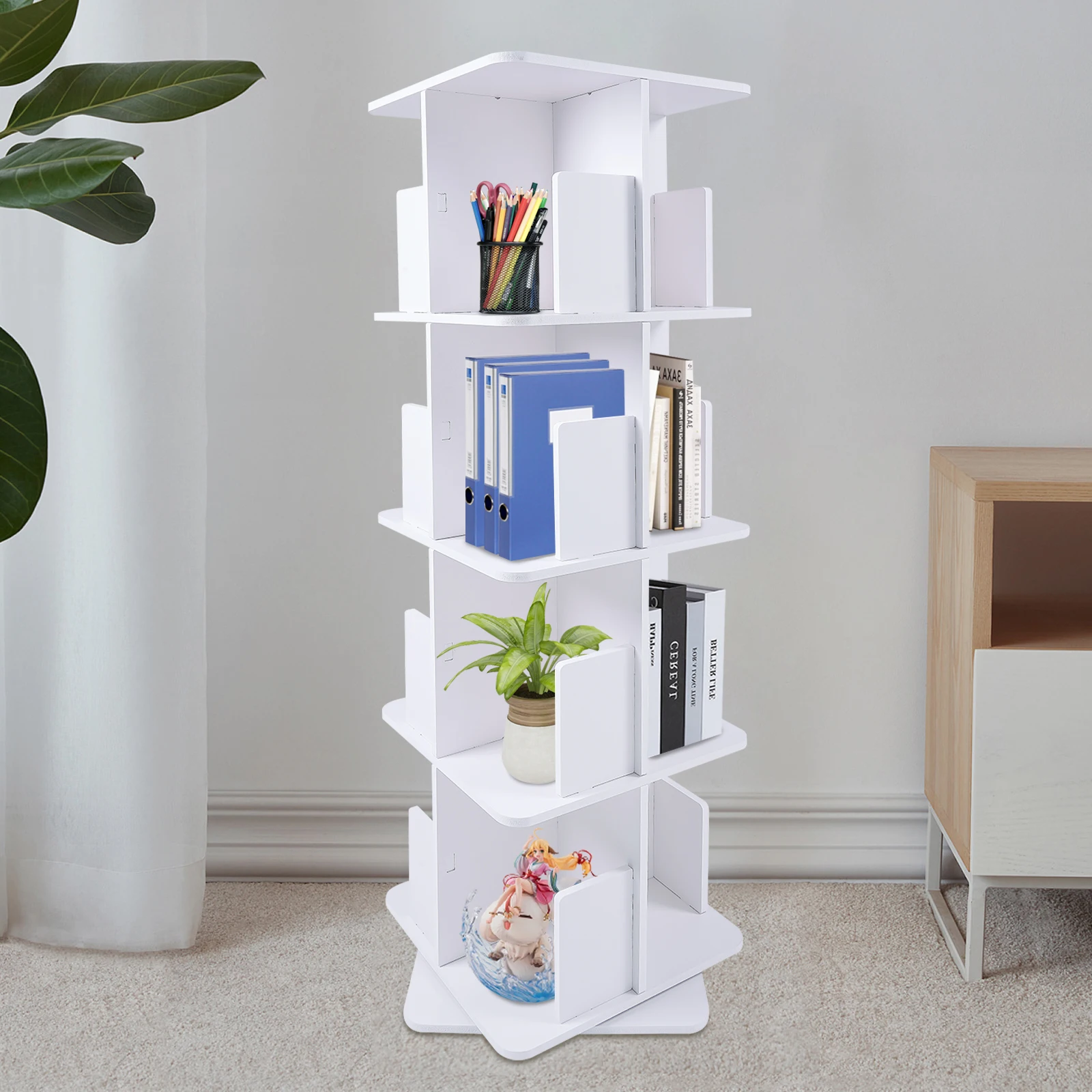 

15.75*15.75*50.5 in 360° Rotating Bookshelf 4 Tier Standing Bookcase Small Corner Bookcase for Bedrooms Study Living Rooms White