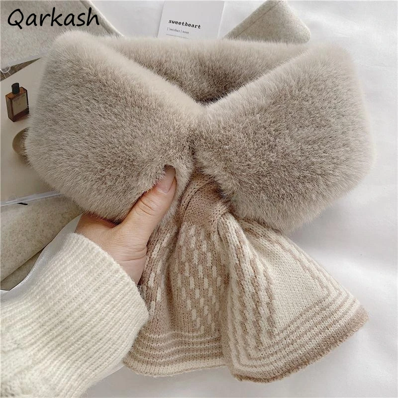 Imitation Rabbit Fur Women Scarf Winter Keep Warm Cross Collar Plush Neck Protection Cute Fluffy Korean-style Striped Elegant