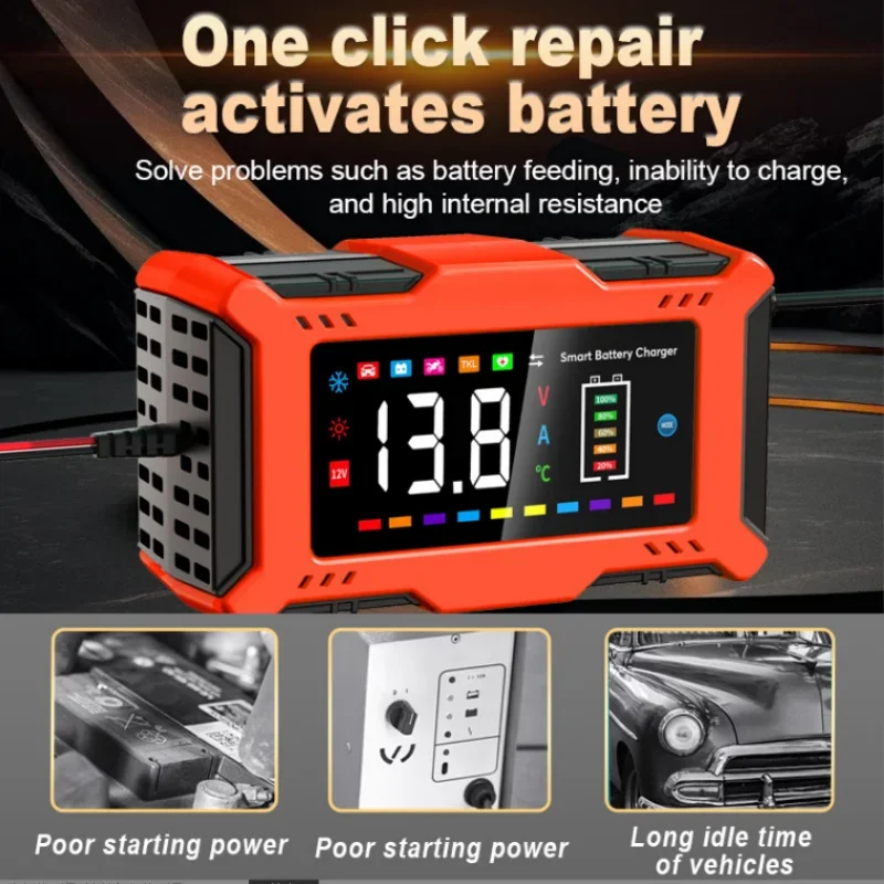 12 6A Fully Automatic Car Battery Charger Pulse Repair LCD Battery Charger Auto Moto Lead Acid Battery Smart Charging Charger