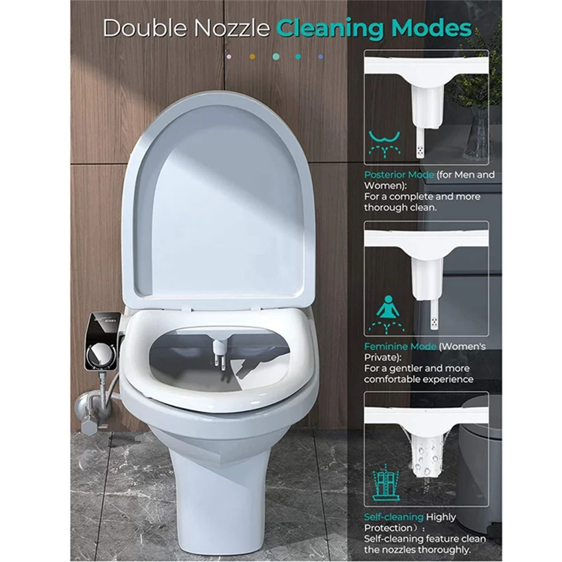 MACH-Bidet Attachment Ultra-Slim Toilet Double Nozzle Spiral Adjustable Water Pressure Non-Electric  Sprayer With Hose
