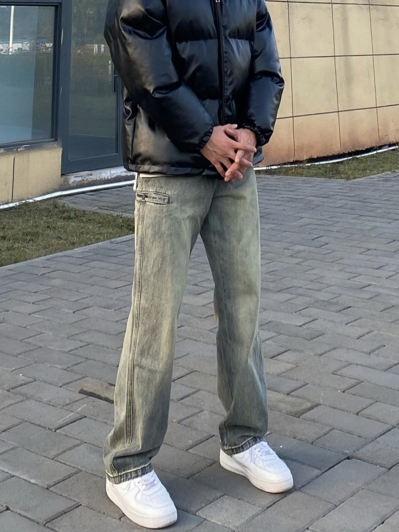 

Мужские джинсы в стиле ретро, американского уличного стиля, цвета желтой глины, повседневные, прямого кроя, длинные брюки, модные, брендовые, удобные