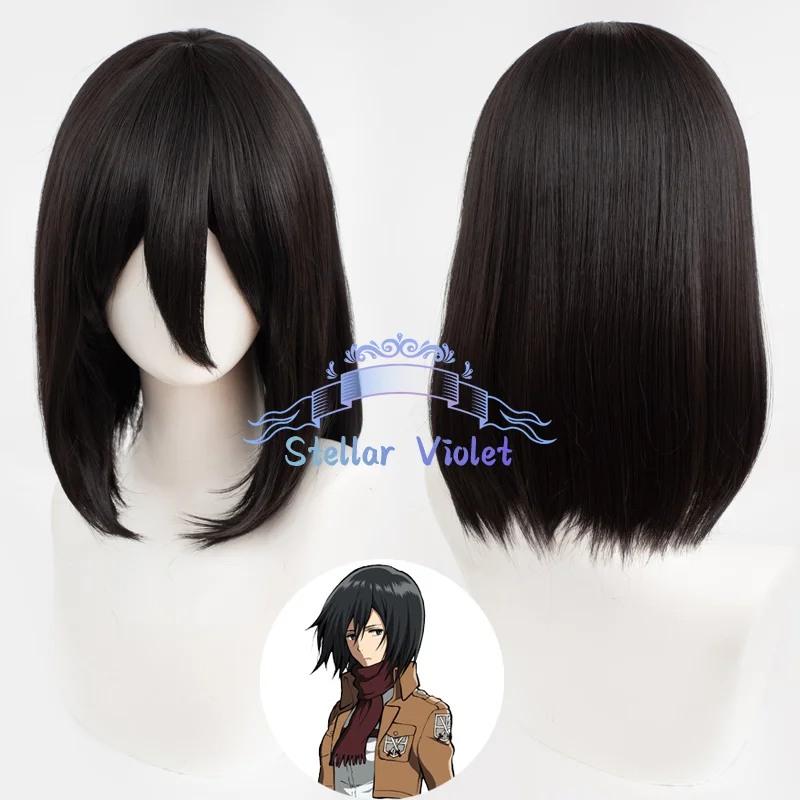 أنيمي هجوم على تيتان ميكاسا أكرمان شعر مستعار تأثيري أسود 40 سنتيمتر الشعر القصير مقاومة للحرارة الاصطناعية الشعر أنيمي شعر مستعار للحفلات + غطاء شعر مستعار #1