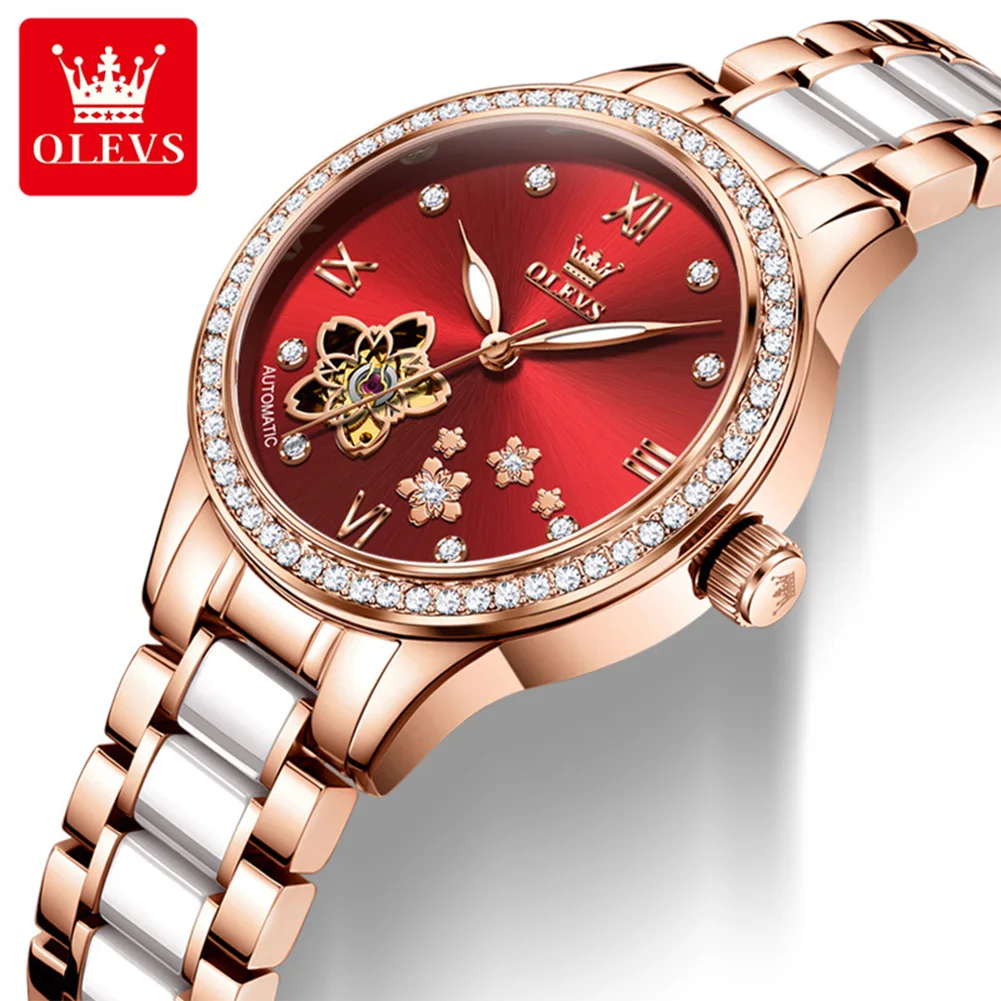 

OLEVS 7074 Women's Automatic Mechanical Watch Cherry Blossom Diamond Inlaid Rose Gold Ceramic Strap Waterproof Ladies Wristwatch