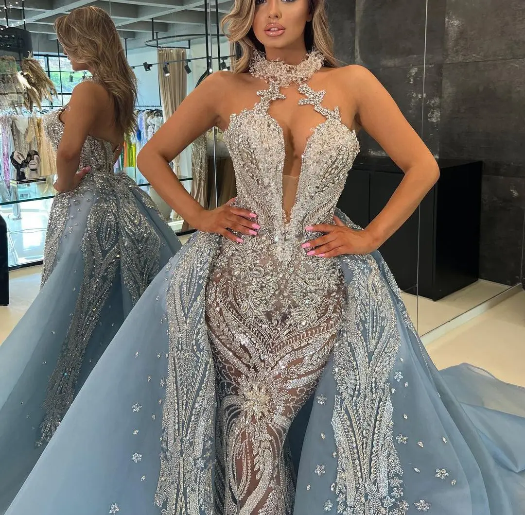 Luxury Mermaid Evening Dresses Sleeveless V Neck Halter Sequins Beaded 3D Lace Diamonds Detachable TrainProm Dresses Custom Made