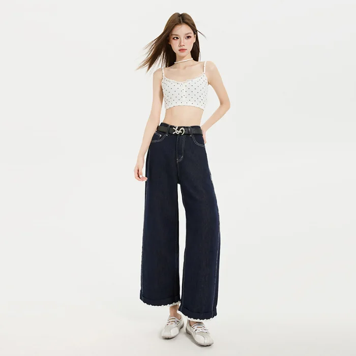 Pantalones vaqueros rectos con puños para mujer, vaqueros empalmados de encaje, pantalones vaqueros de pierna ancha, cintura alta, cremallera, desgastados, Vintage, hasta el tobillo