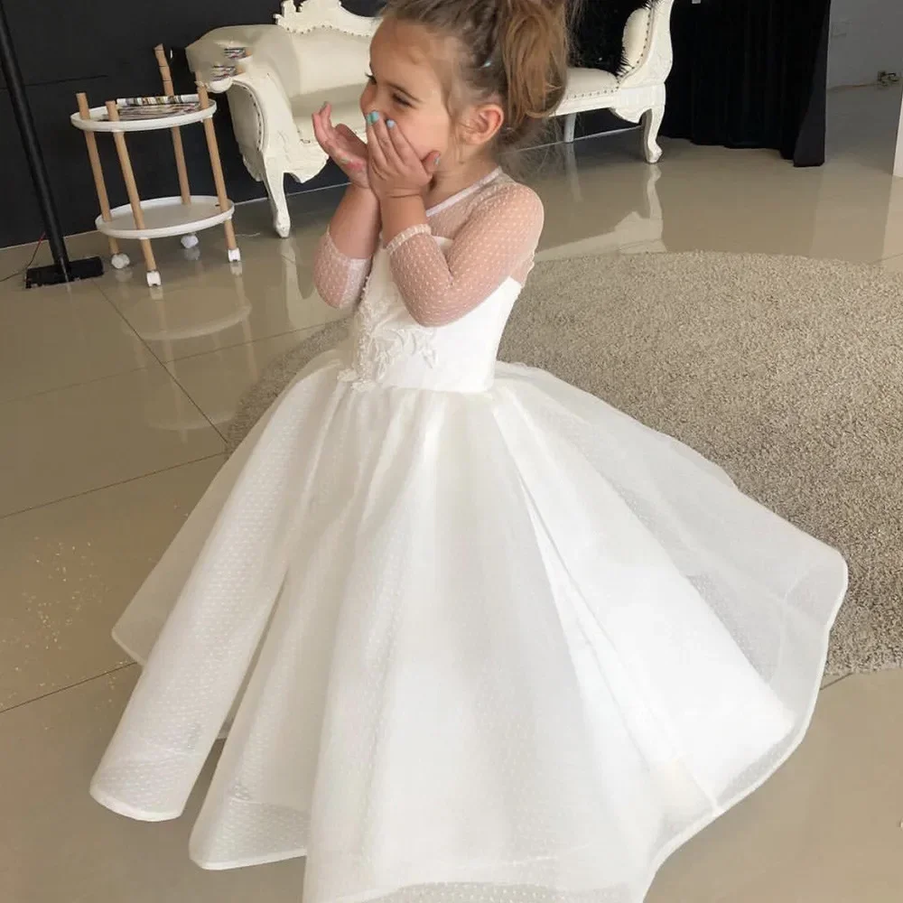 Vestidos floridos para festa de casamento, branco, mangas compridas, até o chão, concurso, primeira comunhão, princesa aniversário