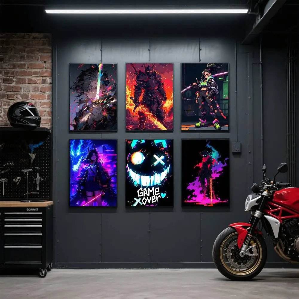 8-bit Style Warrior with Neon Glowing Sword Poster Art Print Anime Style Home Decor Ideal Gift Perfect Room Decor