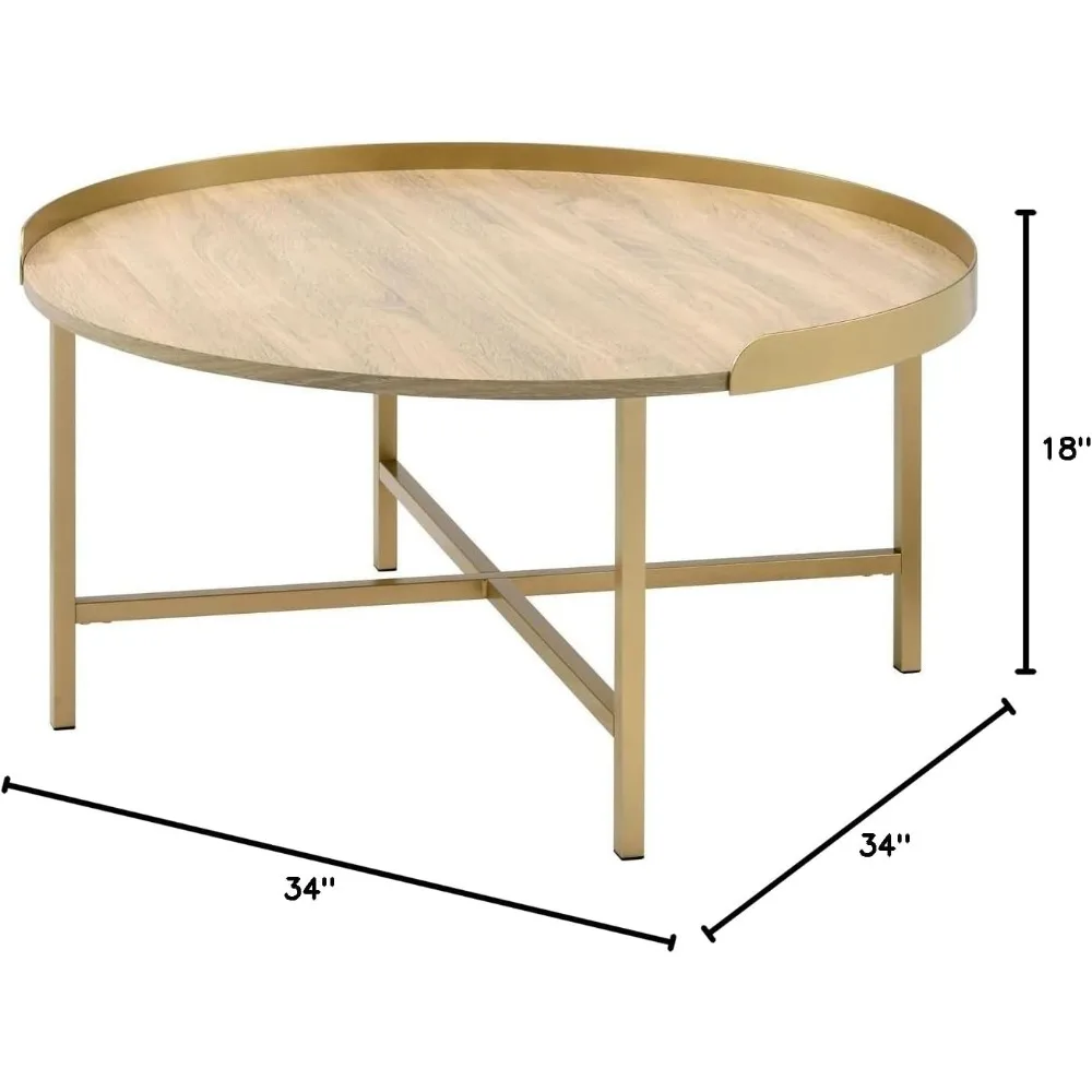 

Coffee Table in Oak Table Top & Gold Finish, End Table for Couch, 34.00" L x 34.00" W x 18.00" H