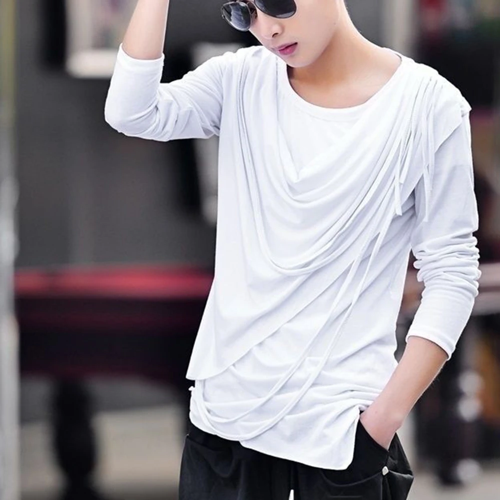 Mens Turtleneck Ribbon Faux Two Piece T-Shirt Streetwear Fashion Nightclub Dj Rock Youth Trend Long Sleeved Top Men'S Wear 2026