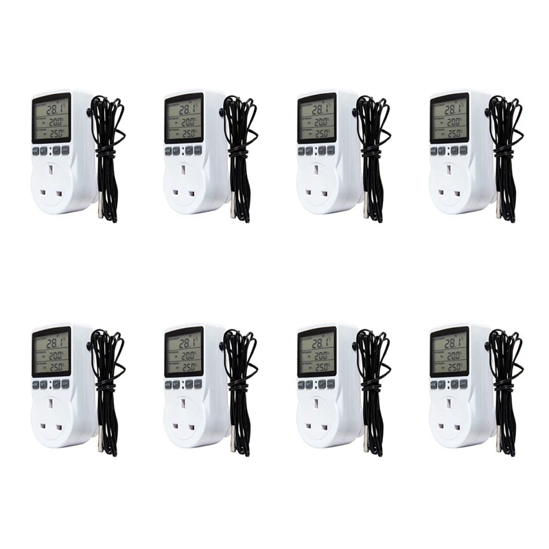 

8X Digital Temperature Controller Thermostat Outlet Socket Plug Heating Cooling Timer For Homebrew Greenhouse UK Plug