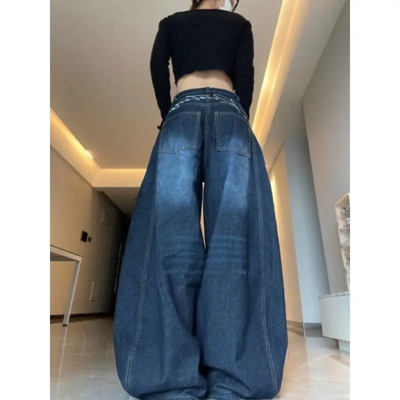 Women's Y2K Retro American High-Waisted Wide-Leg Jeans Curved Embroidery Washed Drop-Crotch Loose Trousers for Street Fashion
