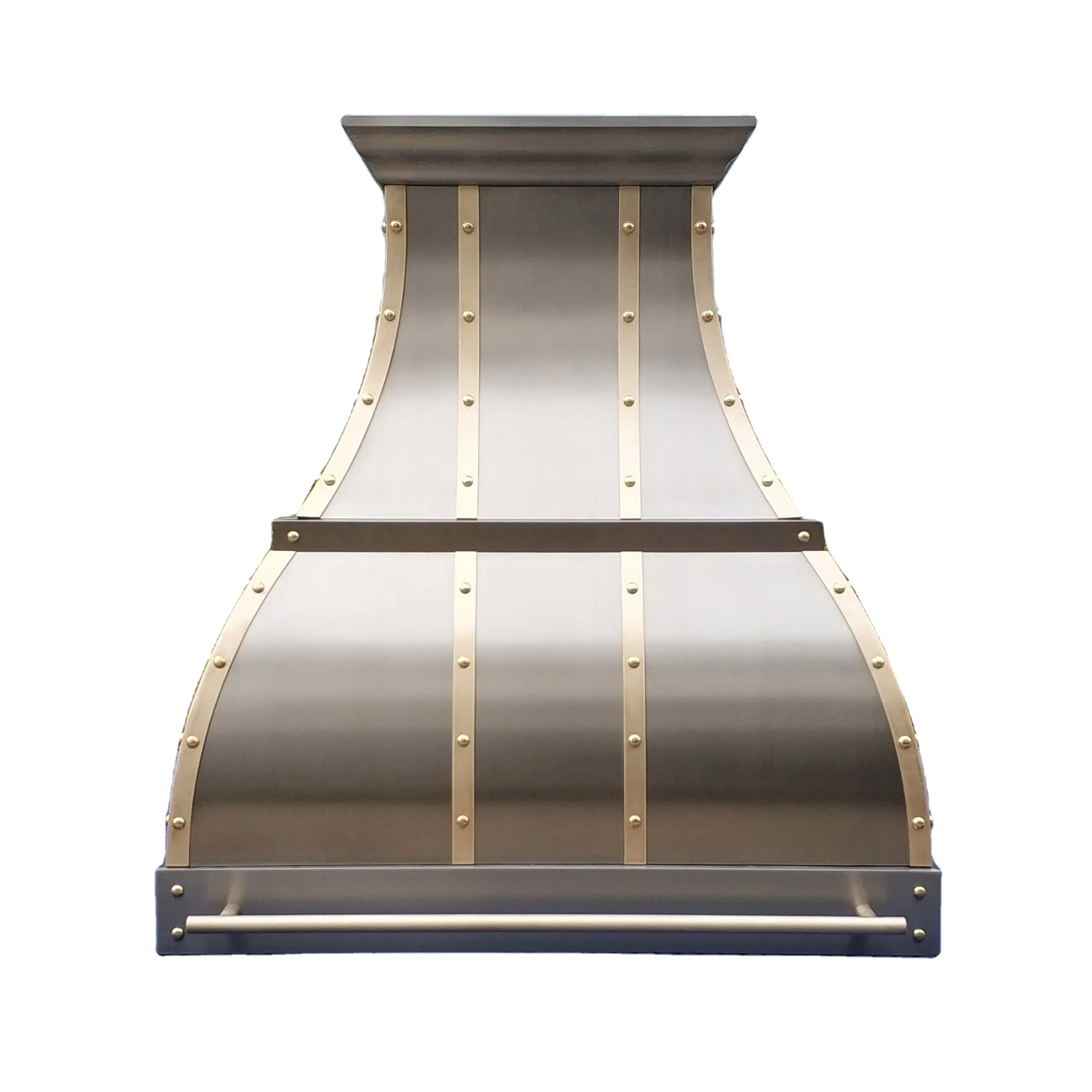 Customized Contemporary Design Roman Wall Mount Stainless Steel Kitchen Chimney Hoods Built In With Brass Straps And Rivets