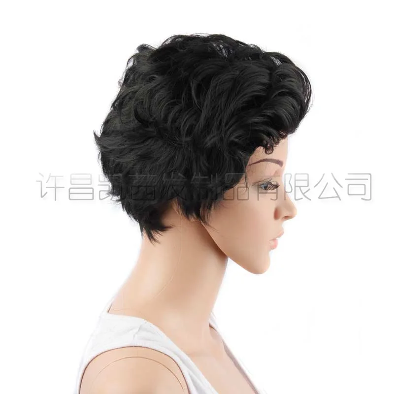 Wig, European and American women's black short hair short curly hair oblique bangs, chemical fiber head cover.