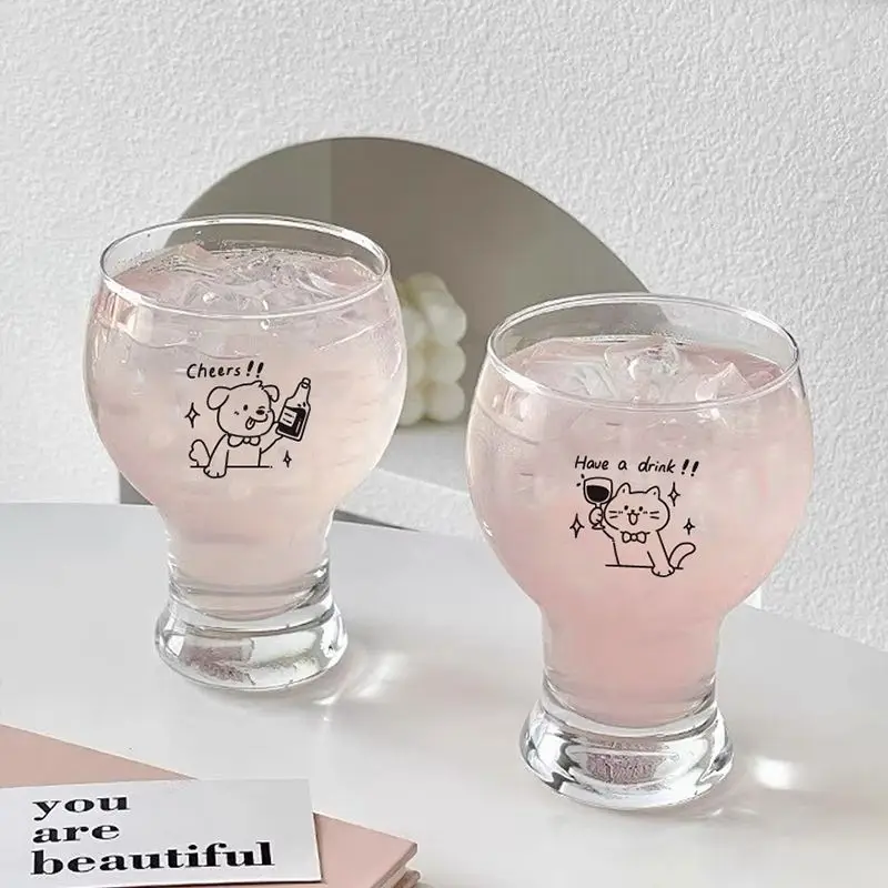 Cartoon Dog Cat Glass Cup 450ml Cute Wine Goblet Transparent Whiskey Juice Drinking With Handle Illustration Coffee Milk Tea For