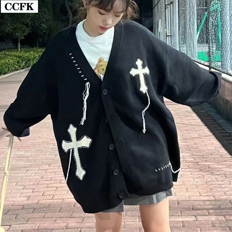 Emo Clothes Harajuku Goth Cross Cardigan Sweater Black Punk Grunge Vintage Jumper Autumn Oversized Fashion Streetwear Y2K Sweet