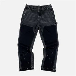 Men Washed Black Deconstructed Jeans Six-Pocket Styling Autumn Winter Streetwear