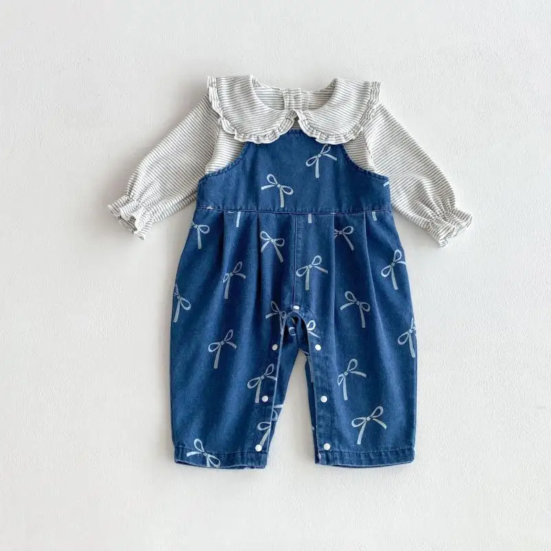 

2025 Autumn New Baby Girl Sleeveless Denim Romper Newborn Cute Bow Print Jumpsuit For Infant Girl Overalls Toddler Clothes