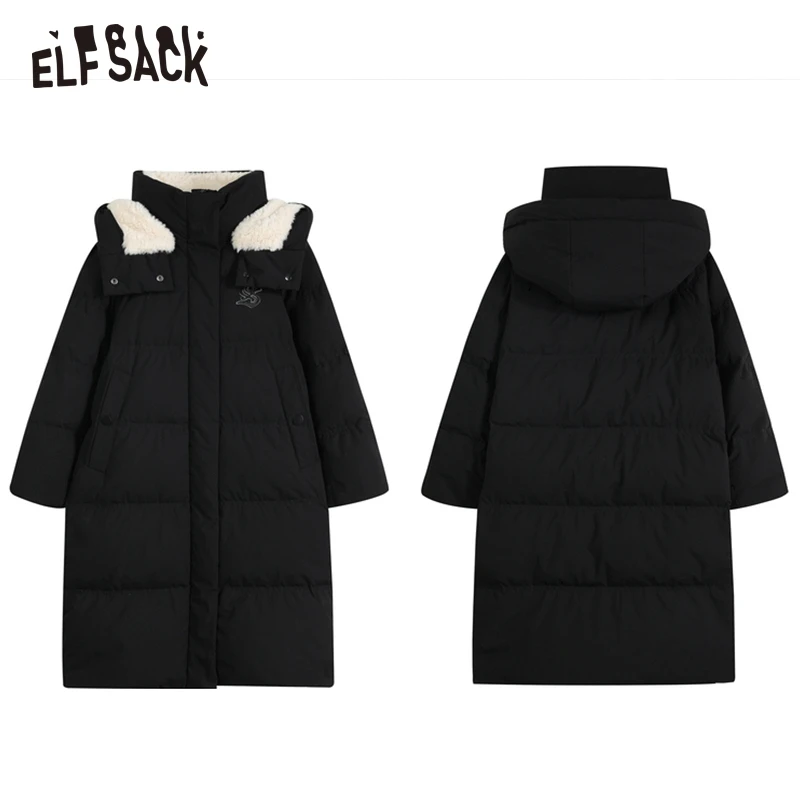 ELFSACK Black Warm Down Coats Women 2022 Winter Windproof Long Outwears