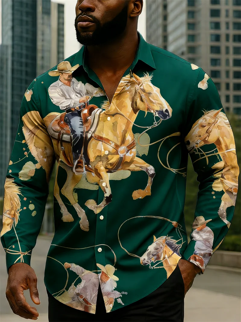 

New 10 color men's retro patterned long sleeved shirt with 3D horse print long sleeved casual daily top clothing