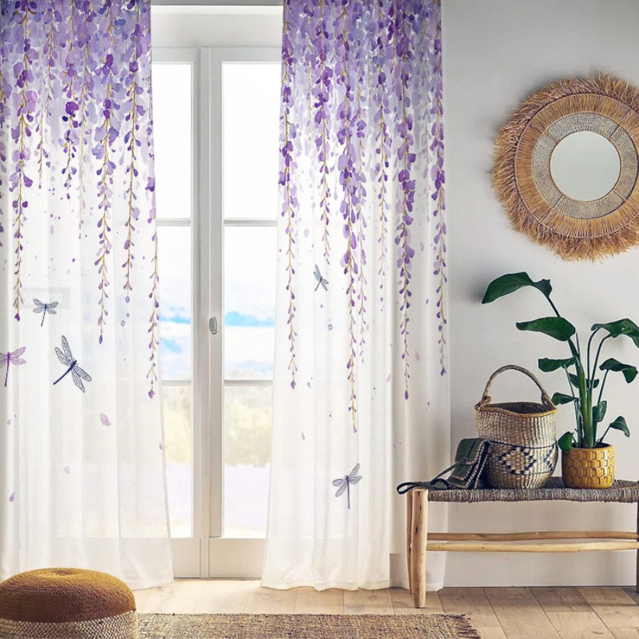 2PCS Digital Print Sheer Curtain, Purple Flowers and Dragonflies Dream Pattern, Dreamy Mysterious Fairyland Nature Fantasy Decor