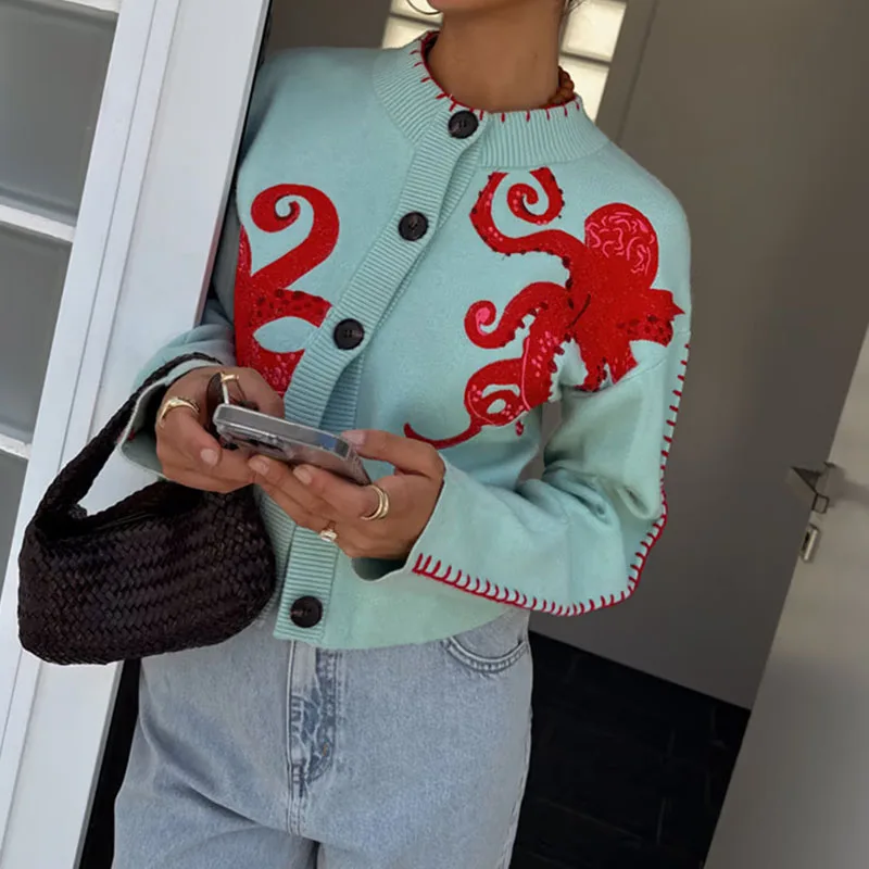 

Women Fashion Octopus Print Soft Sweaters Elegant O-neck Long Sleeve Jackets Top Autumn Winter Casual Hight Street Knitted Coat