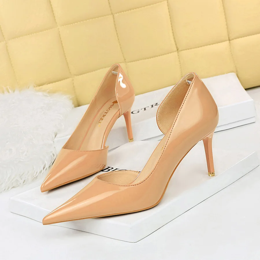 

Women Pumps Women's Single Korean Fashion Simple Thin Shiny Lacquer Leather Shallow Mouth Pointed Side Hollow High Heel Shoes ту
