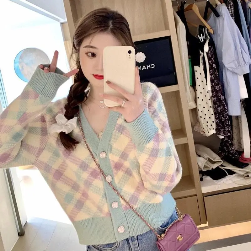 Sweet All-match Fashion Knitting Cardigan Coat Women Autumn Winter Loose Plaid Long Sleeve Sweater Casual V-neck Knitting Tops