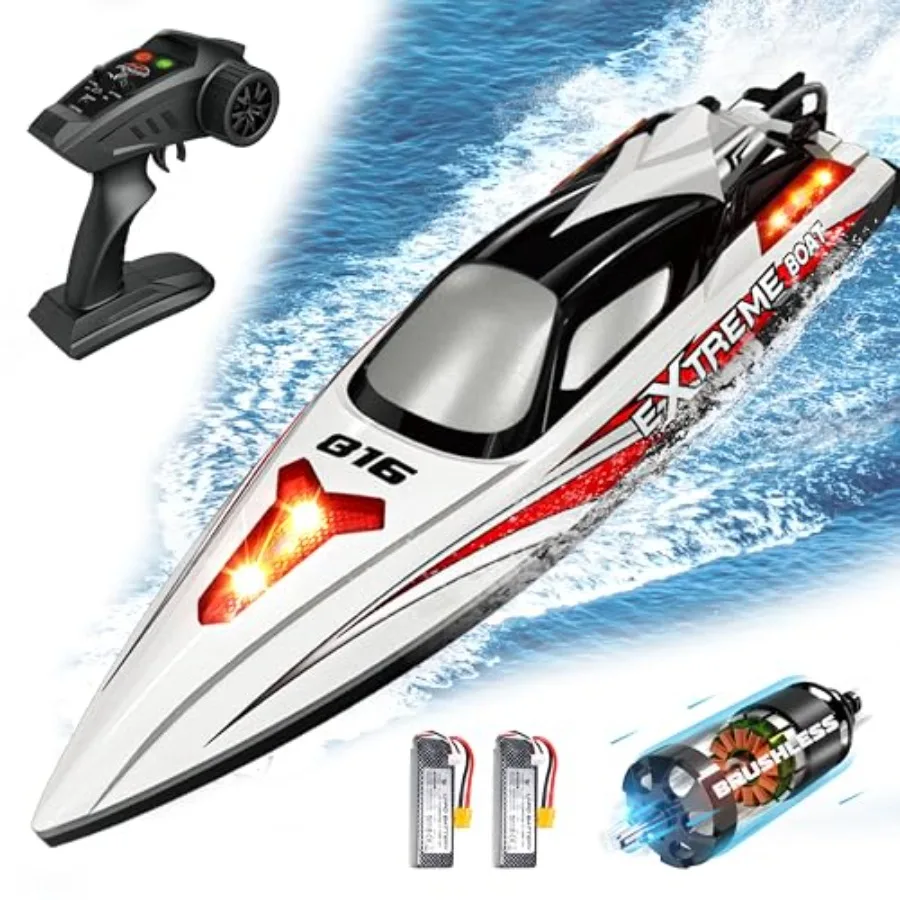 

34+MPH Brushless RC Boat for Adults with 2 Rechargeable Batteries - Large 19 Remote Control Boat Toy for Lakes Rivers in Grey