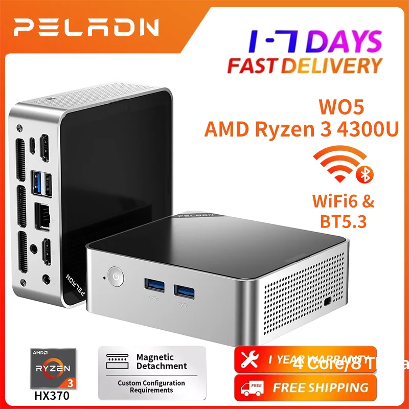 PELADN Mini PC, AMD Ryzen 4300U (superiore a N150/10110U, fino a 3,7 GHz), 8 GB DDR4/256 GB SSD, Type-C/Doppio HD 4K/60 Hz, triplo schermo, WiFi6/BT5.3/USB3.2, mini computer per uso aziendale,