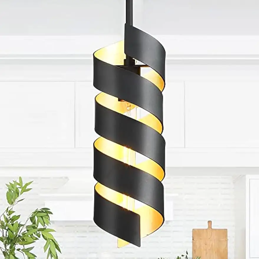 

Black And Gold Pendant , Industrial Farmhouse Chandelier 1- Spiral Pendant Light 14" Cylinder Hanging Light Fixtures