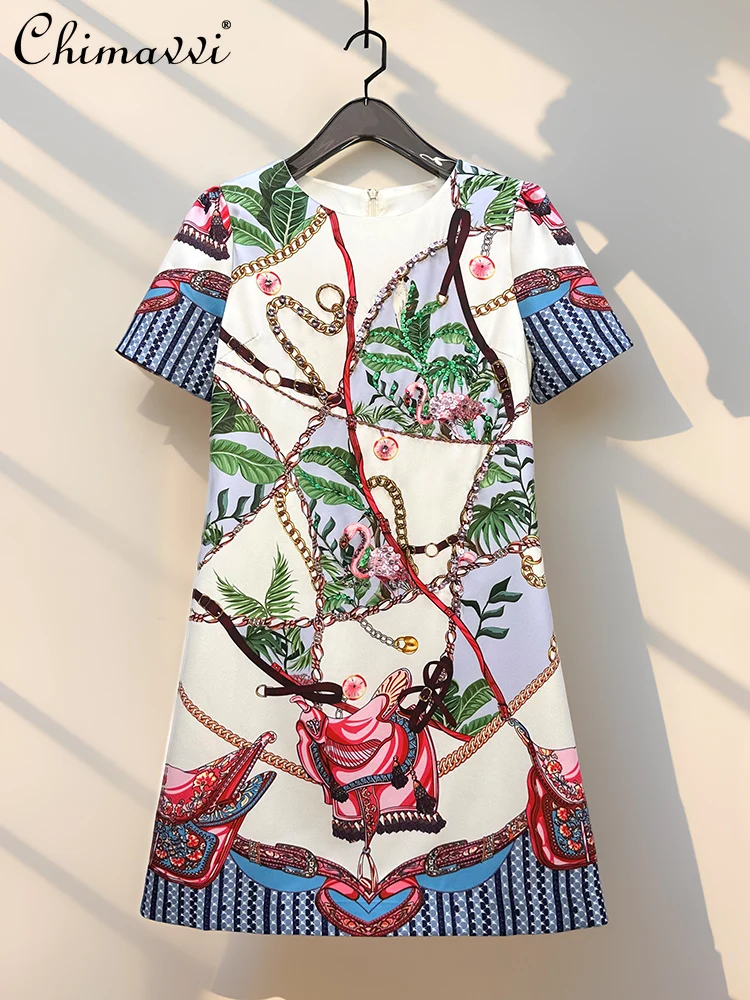 

French Elegant Socialite Party Dress Diamond Sequins Printed Crew Neck Short Sleeve High Waist A-line Fashion Casual Dress Women