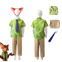 Fox Nick Wilde Cosplay Shirt With Tie Men Halloween Green Leaves Printed Summer Casual T-shirt and Necktie cosplay
