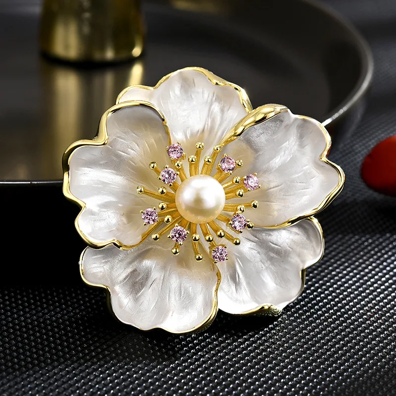 Chinese Style Auspicious Lucky Fortune Peony Brooch Pin Freshwater Pearl Gold Tone Sparkling Pink Zircon Elegant Gift For Women