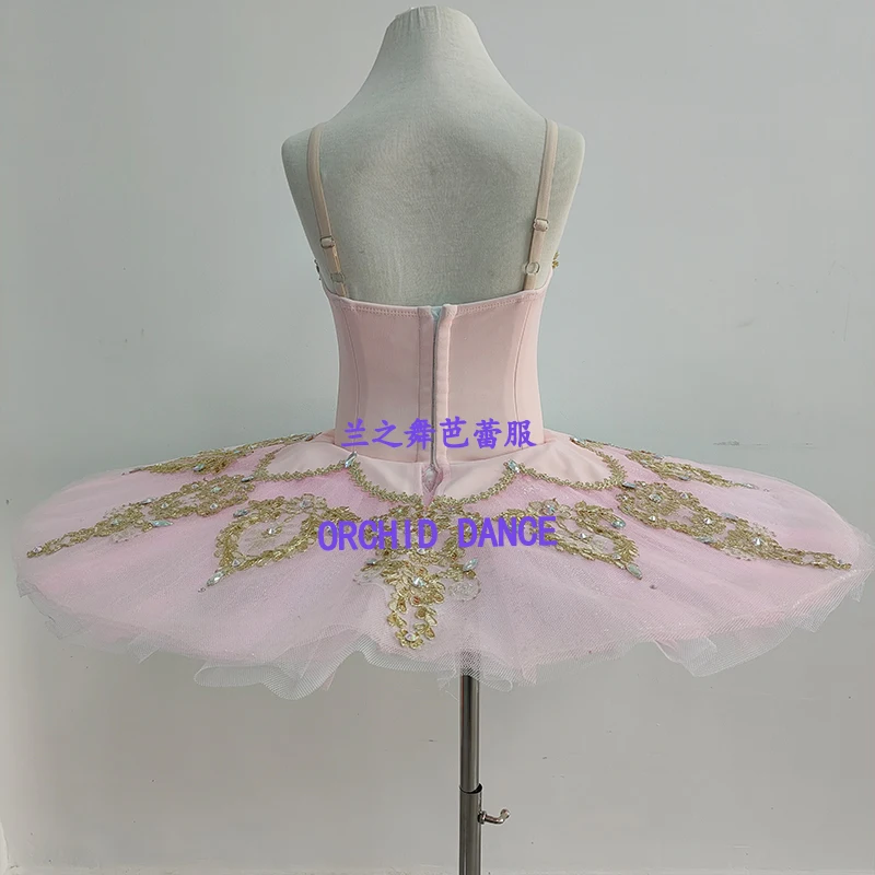 Women nude pink V-neck spaghetti strap corset professional tutu ballet costume gilded feather rhinestone embroidery light pink g view 2