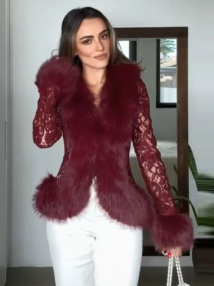 2026 Autumn Winter Elegant Lace Patchwork Women's Fur Coat V-Neck Long Sleeve Waist-Closed Coats Fashion Female Streetwear New