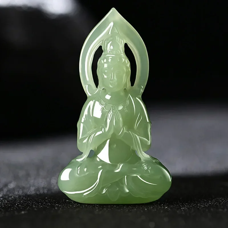 Myanmar Hotan jade blue white Guanyin Bodhisattva pendant hand carving three dimensional Guanyin necklace guard safety amulet