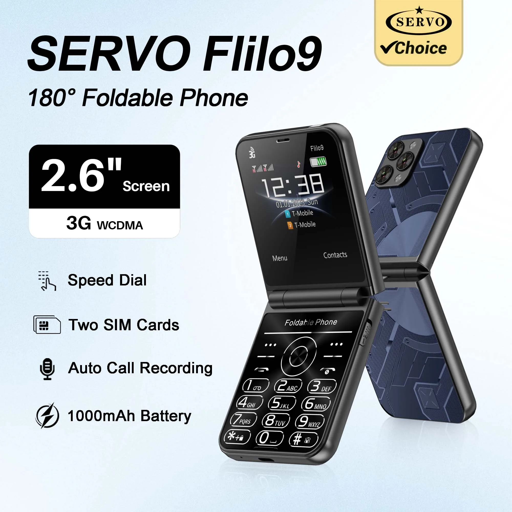 SERVO Flilo9 Foldable Feature Phone 3G WCDMA Dual SIM Big Button Speed Dial Auto Call Recording FM Radio Flashlight Cellphone