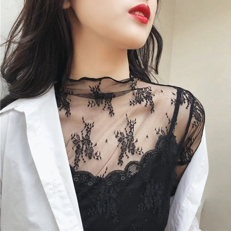 Blus Bordir Bunga Renda Wanita Musim Panas Atasan Wanita Blus Jaring Seksi Kemeja Tembus Pandang Lengan Panjang Elegan Transparan