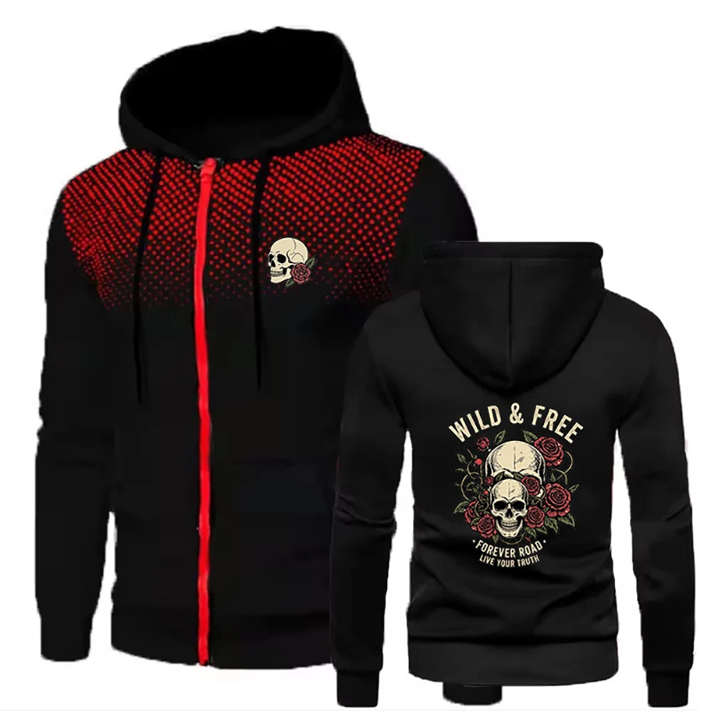 Men's Zip Up Hoodie Wild & Free Skull Rose Print Gradient Dot Spliced Hooded Jacket Vintage Motorcycle Streetwear Sweatshirt