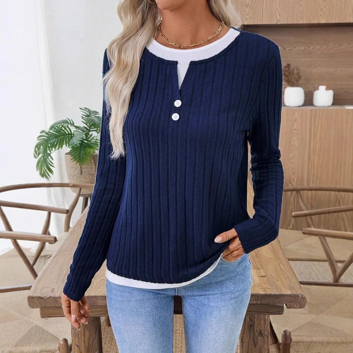 2025 Camisetas Mujer Round Neck Button Fake Two-piece Slim Fit Versatile Long-sleeved Pullover Women's Autumn Winter New T-shirt