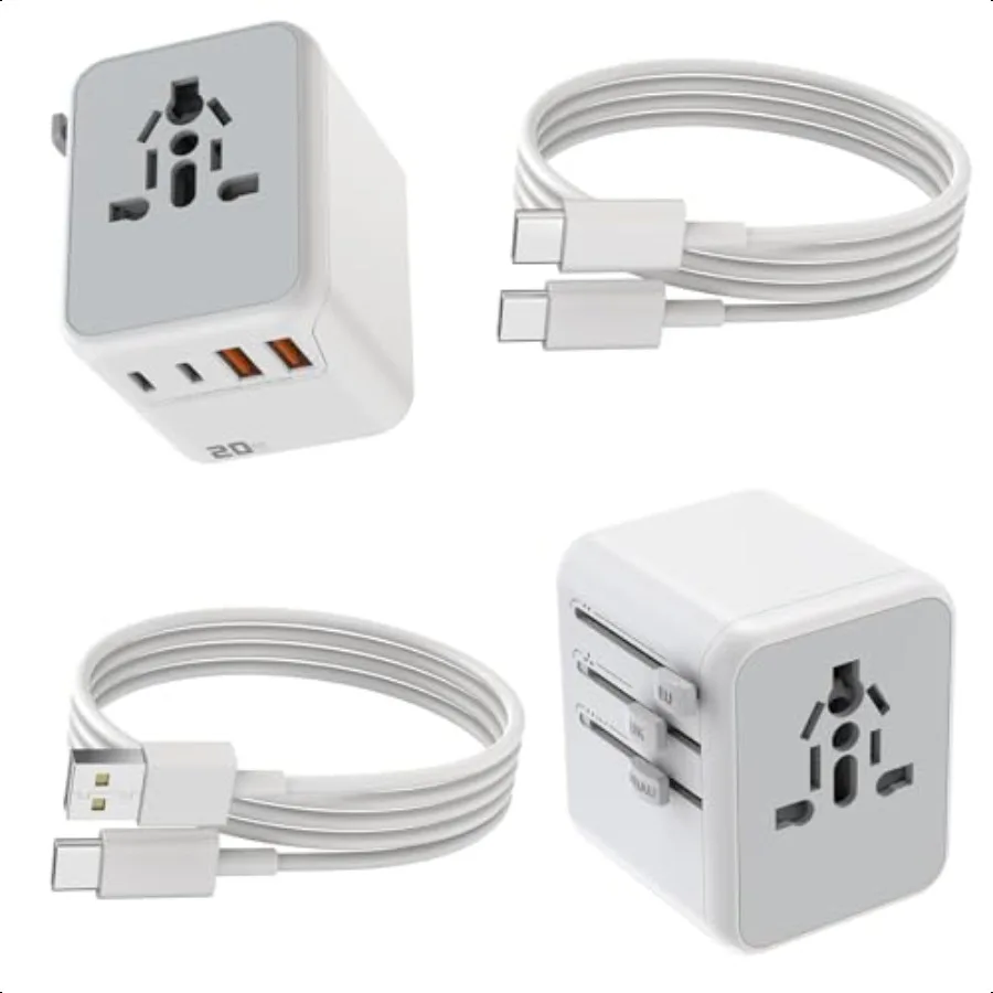 

2Pack Universal Travel Adapter International Travel Plug Adapter with 2 USBC PD 20W 2 USBA Ports 3FT Type C Cable Cord All in O