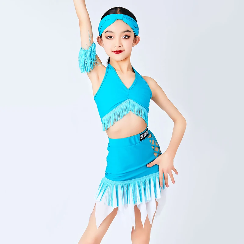 Blue Fringed Latin Top Skirt Latin Dance Competition Costumes For Girls Performance Latin Dance Clothing Stage Wear SL9692