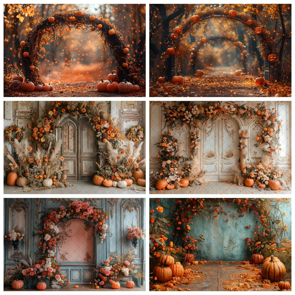 

Autumn Pumpkin Arch Floral Photography Background Maple Leaves Glitter Kids Family Portrait Decor Backdrop Photo Studio